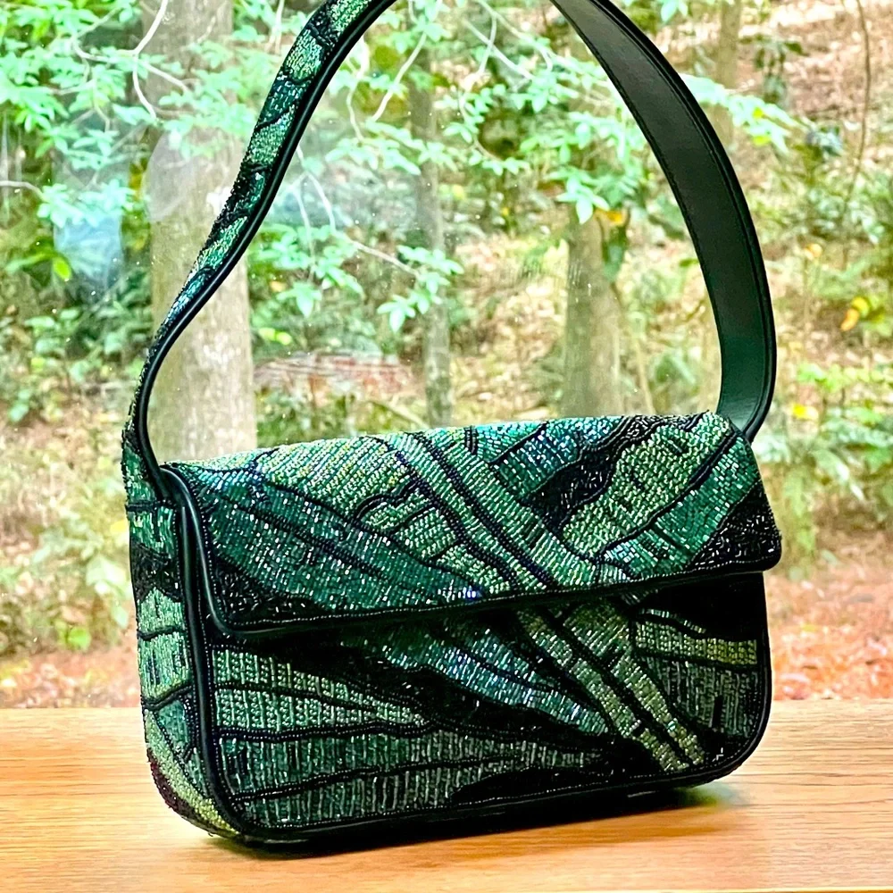 🌺🎉HP🎉🌺 NWOT Staud Beaded Tommy Shoulder Bag Green Palms  🌟 Rare Find 🌟 - Picture 5 of 16